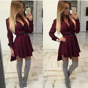 Elegant Women Polyester Polka Dot Plaid Shirt Dress Swallowtail High Low Hem Belted Long Sleeve Office Dress Top And Bottom