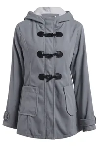 Detailed view of women's gray hooded duffle coat with toggle closures and fleece lining.