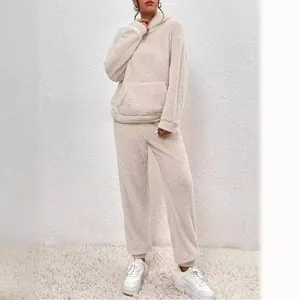 Women's cozy fuzzy fleece 2-piece lounge set with hoodie and long pants