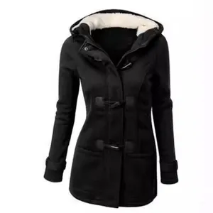 Women Classic Hooded Duffle Coat With Sherpa Lining Toggle Buttons Zipper Closure Mid-length Polyester Padded Jacket Outwear