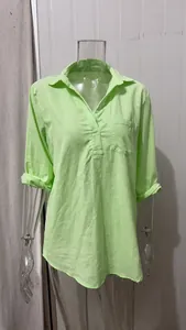 Camisa casual de lino de manga larga con cuello en V en color verde lima vibrante