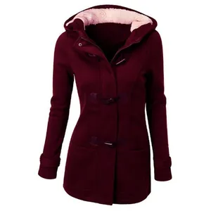 Elegant women's burgundy hooded duffle coat with cotton blend fabric and plush hood lining