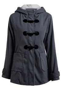 Close-up detail of women's grey hooded toggle coat featuring a warm white sherpa lining.