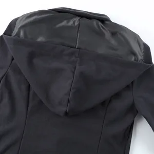 Macro view of the large hood and high-quality wool fabric on the back of a dark coat