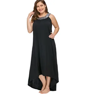 Plus size sleeveless black high-low dress with sequined neckline detail