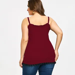Plus size burgundy ribbed camisole tank top with delicate lace hem seen from back view