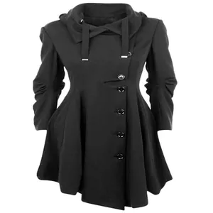 Elegant black women's trench coat featuring an irregular hem design and drawstring hood.