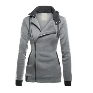 Taillierter grauer Damen-Fleece-Hoodie mit asymmetrischem Reißverschluss und Akzenten