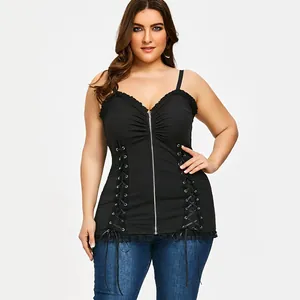 Plus size black sleeveless top with lace-up front, zipper closure, and delicate lace trim.