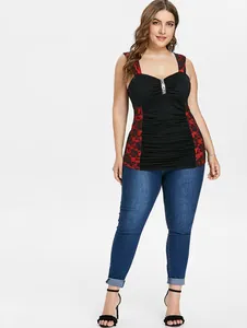 Women Plus Size Sexy Sequin Low Cut Camisole Cotton Lace Patchwork Sleeveless Slimming Ruched Tank Top Black Red Floral Vest