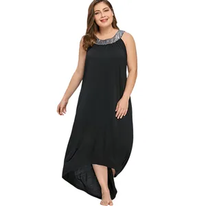 Women Plus Size Sleeveless Maxi Dress Sequin Round Neck High-Low Hem Solid Color Vintage Party Evening Gown Polyester Dress