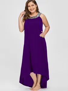 Elegant purple plus size maxi dress featuring a sequined neckline and stylish high-low hem