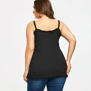 Elegant plus size black ribbed sleeveless camisole top featuring delicate ruffled lace trim
