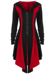 Front detail view of a gothic style women's hooded color-block jacket with metal hook closures