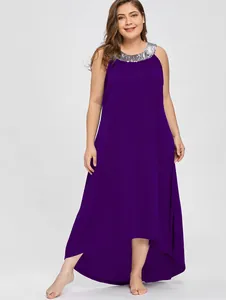 Detail view of plus size purple sleeveless dress featuring a sequin embellished collar