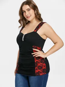 Close-up of a sexy black sleeveless tank top featuring red lace side panels and sequin details