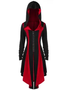 Detailed front view of a gothic black and red hooded jacket with hook-and-eye fasteners