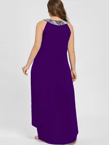 Back view of plus size purple maxi dress with shimmering sequined neckline