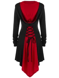 Rear view of hooded color-block tunic with decorative corset-style back lacing.