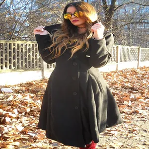 Full view of elegant black irregular hem double-sided wool trench coat for women