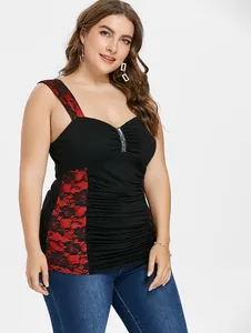 Detailed view of women's black and red lace sequined camisole top with ruched bodice