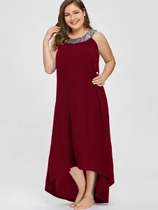 Stylish plus size burgundy sleeveless dress with sequined neckline and high-low hem