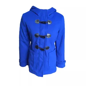Bright blue hooded duffle coat with classic black toggle buttons and pockets