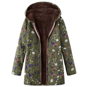 Women's green floral print hooded jacket with warm brown fleece lining and zipper closure