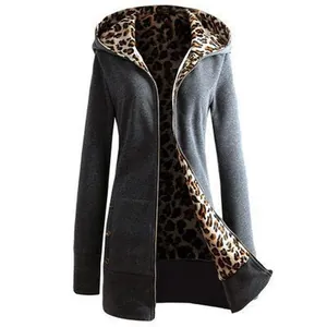 Close-up detail of women's longline grey zip hoodie with warm leopard print fleece lining