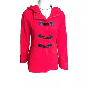 Stylish women's red hooded duffle coat featuring classic black horn buttons and warm lining