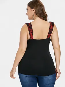 Back view of a black women's camisole top featuring elegant red lace rose straps