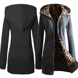 Detailed view of a dark grey women's zip-up hoodie with stylish leopard lining.