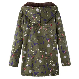 Back view of women's hooded olive green jacket with floral print and fleece lining