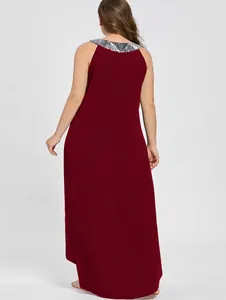 Back view of elegant burgundy plus size maxi dress with silver sequin collar detail
