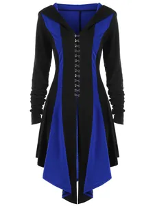 Detailed view of women's gothic color block hooded top with hook-and-eye closures