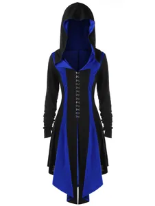Front view of a gothic black and blue color-block hooded coat with hook-eye closures