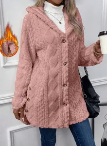 Pink plush hooded cardigan with diamond pattern and button closure for women winter warmth