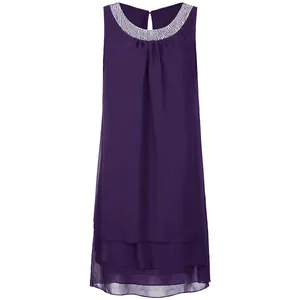 Detailed view of purple sleeveless chiffon dress with sequined round neckline