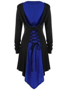 Back view detail of women's hooded colorblock jacket featuring adjustable lace-up design