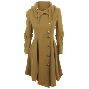 Women's irregular hem wool coat with button front and drawstring funnel neck detail.