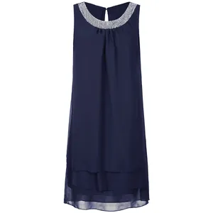 Detail of navy blue sleeveless chiffon dress with sequin collar and layered hem