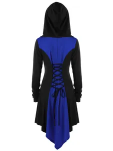 Rear detail view of hooded color-block jacket with lace-up back design for women