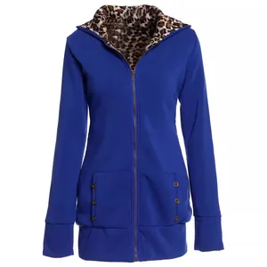 Blue thick hooded jacket for women with leopard print lining and front pockets
