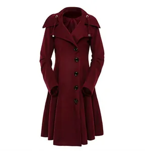 Elegant burgundy long woolen coat featuring irregular hem and distinctive collar detail