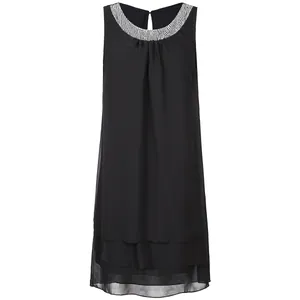 Elegant black sleeveless chiffon midi dress featuring a sequin-embellished round neckline detail