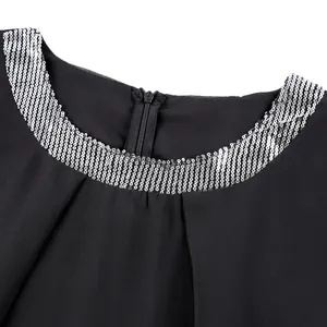 Detailansicht eines eleganten Rundhalsausschnitts mit silbernen Pailletten am schwarzen Kleid