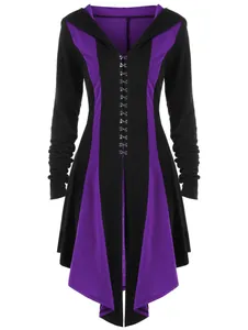 Detail of women's hooded color block jacket with hook-and-eye front closure