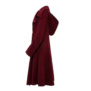 Side view of elegant women's burgundy hooded coat featuring a unique asymmetrical hem