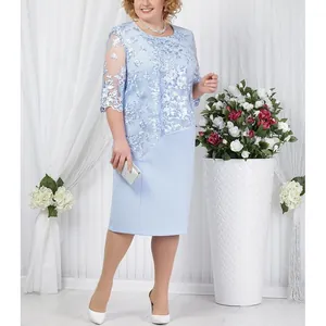 Detail view of the light blue lace splicing faux two-piece plus size evening gown