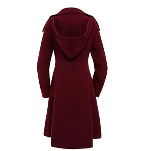 Detailed back view of a wine red hooded trench coat with an elegant asymmetric hemline